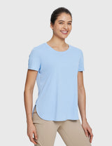 Casual Outdoor Capri Set: blue UPF 50+ tee and tan DWR capris. #color_Kentucky Blue