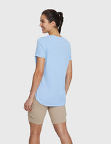 Woman in light blue UPF 50+ tee and beige capris, back view of casual set. #color_Kentucky Blue