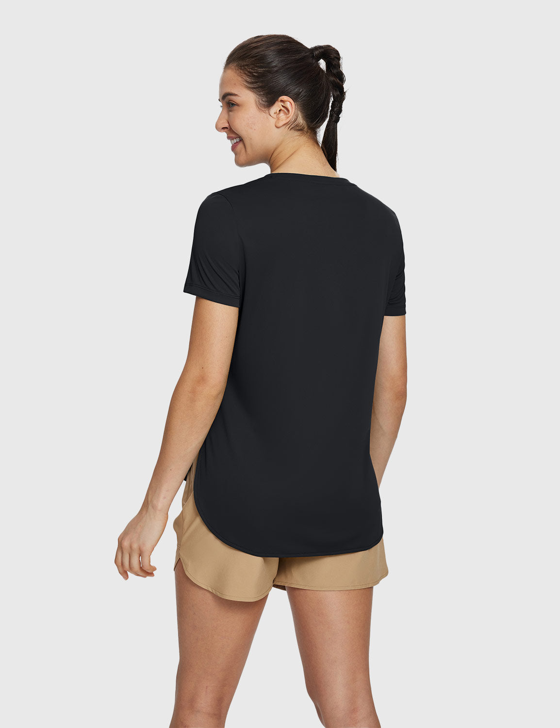 Black UPF 50+ crew neck tee and tan UPF 50+ DWR shorts for casual trail adventures. #color_Black