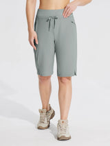 Women's grey 11" quick-dry hiking cargo shorts with drawstring, zip pockets, and side vents. #color_Gray