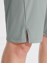 Women's gray hiking cargo shorts hem detail with side slit and stitching #color_Gray
