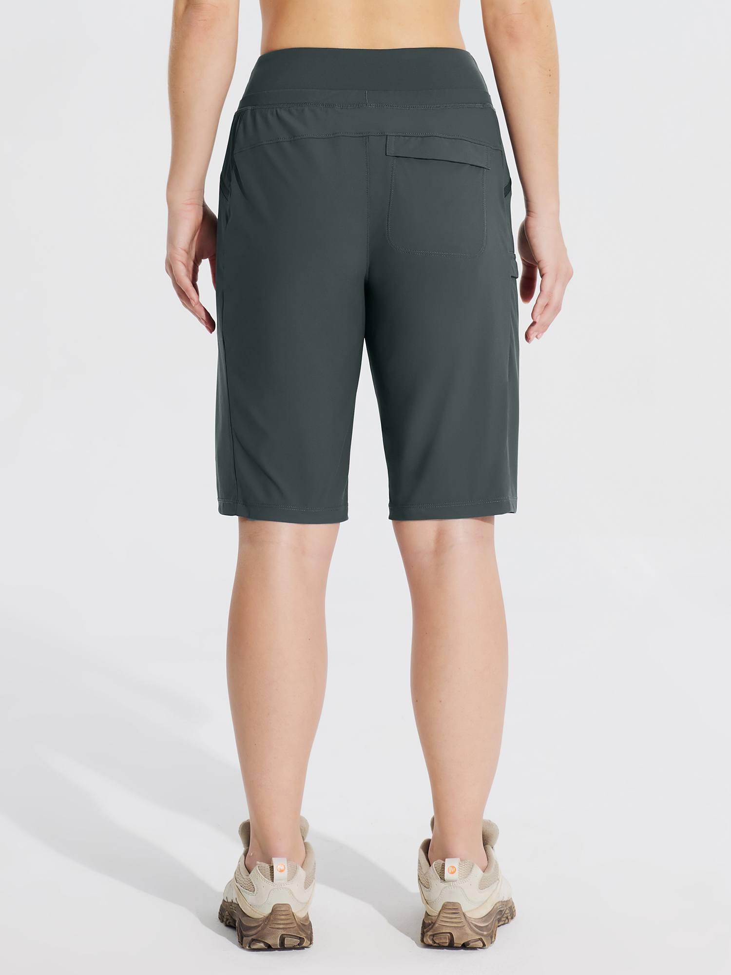 Women's dark gray 11" quick-dry hiking cargo shorts with multiple pockets and knitted waistband. #color_Dark Gray