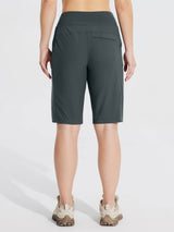 Women's dark gray 11" quick-dry hiking cargo shorts with multiple pockets and knitted waistband. #color_Dark Gray