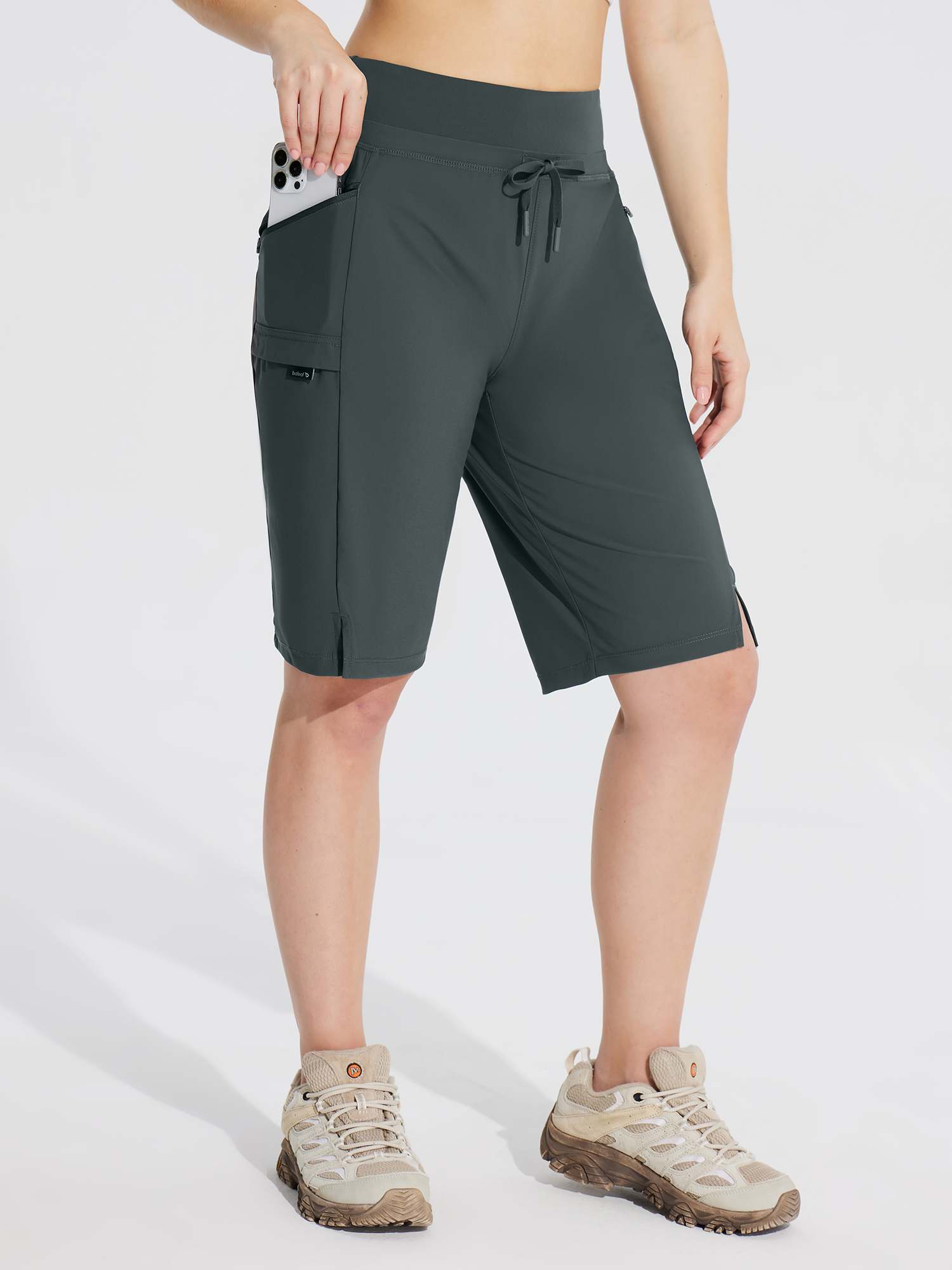Women's 11" quick-dry hiking cargo shorts in dark grey with phone pocket and drawstring waist #color_Dark Gray
