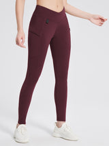 Maroon fleece-lined hiking leggings with V-waist, zippered pocket, and side pocket. #color_Wine Red