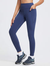 Outdoor navy blue thermal leggings, thickened knit, high waist, pocket.