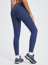 Thickened navy blue thermal knit leggings for outdoor wear, high waist with pocket. #color_Navy Blue