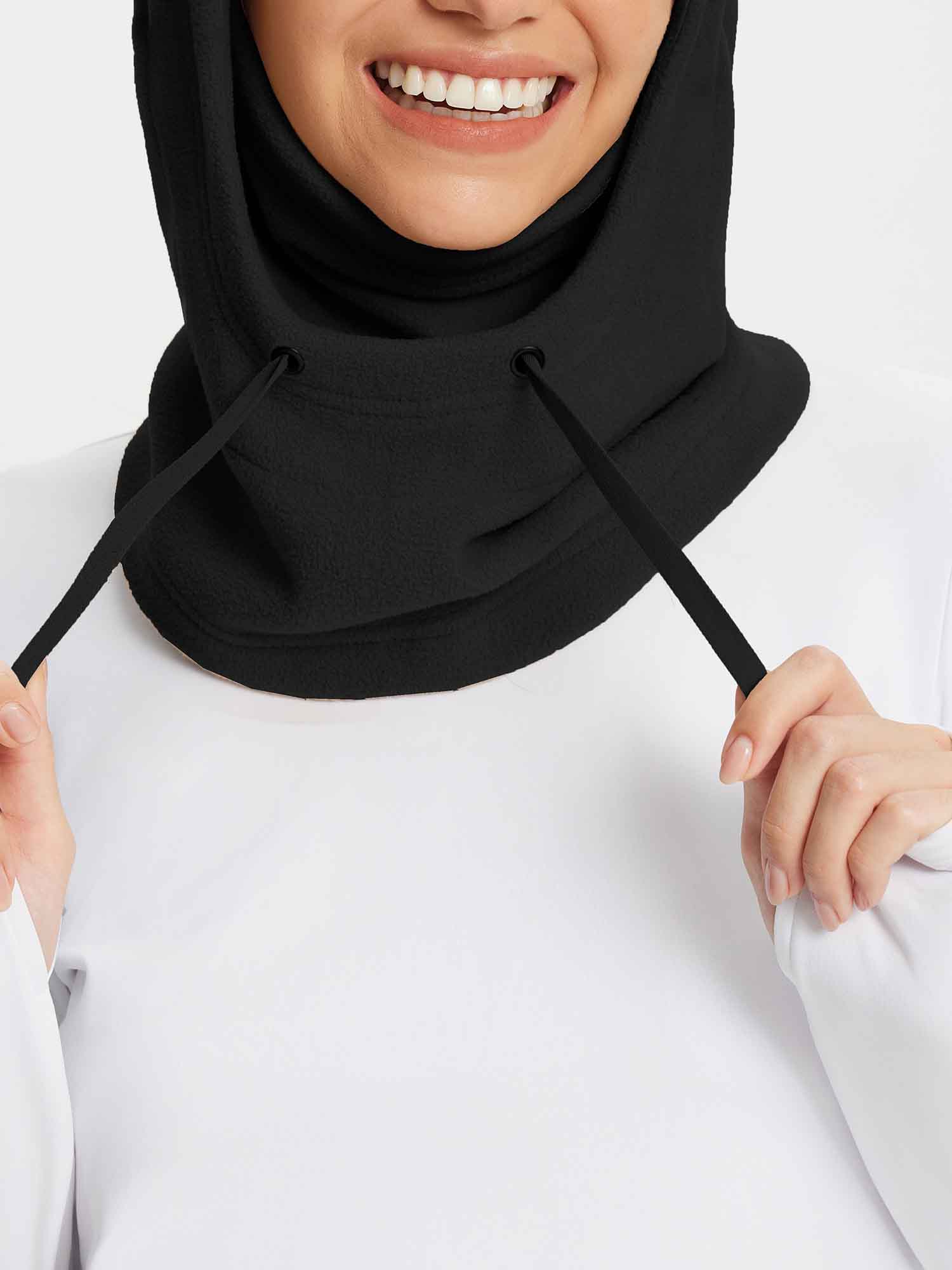 Black unisex adjustable fleece ski hat with drawcord toggles #color_Black