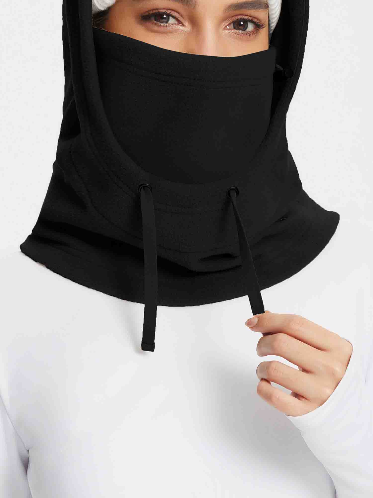 Unisex black fleece ski hat with adjustable hood and face warmer #color_Black