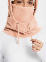 Peach unisex adjustable fleece ski hat with face mask and drawcord detail. #color_Pink