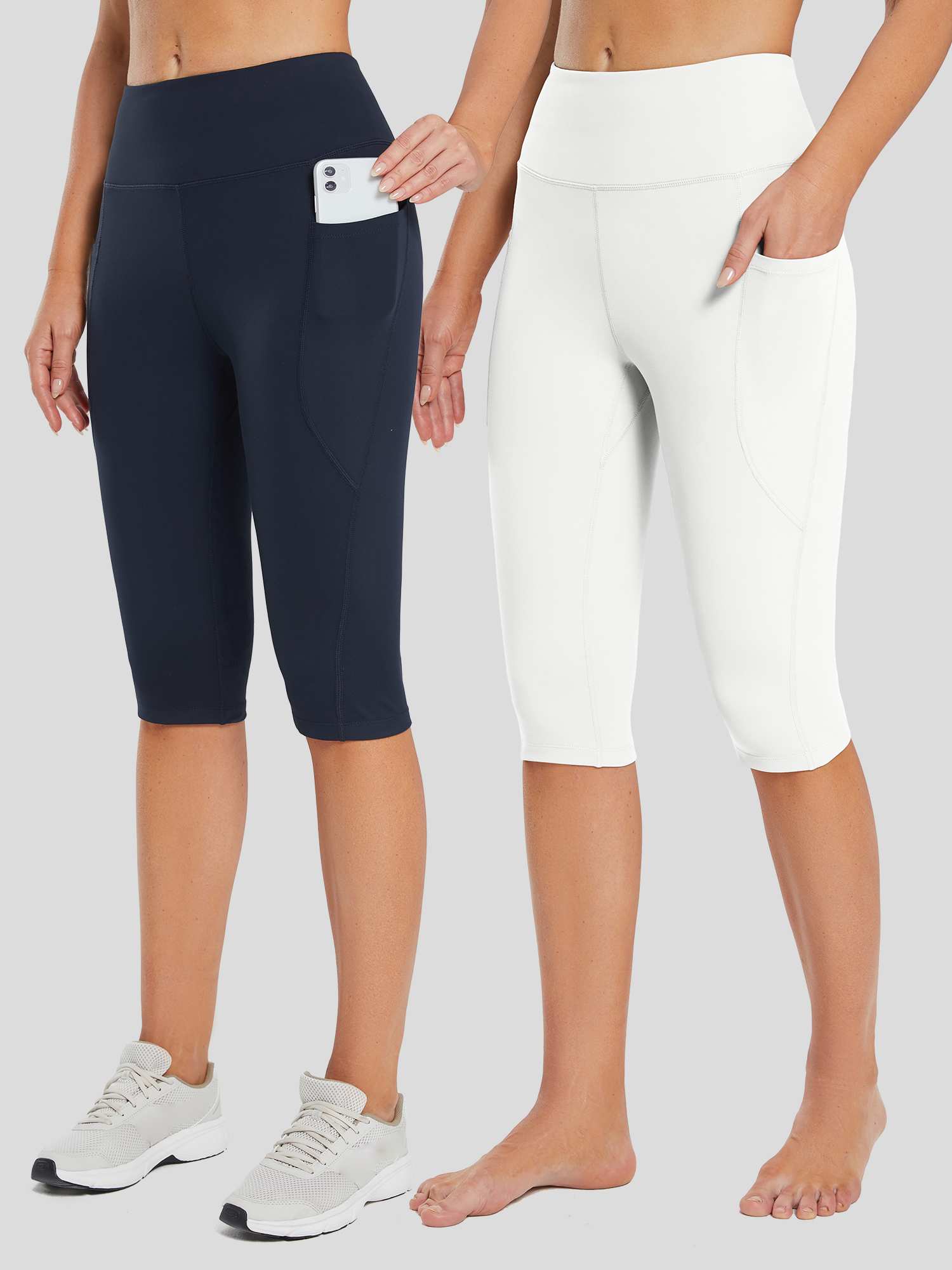 Women's high-waisted capris 2-pack: navy and white styles with deep side pockets for phones. #color_Blue/White