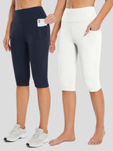 Women's high-waisted capris 2-pack: navy and white styles with deep side pockets for phones. #color_Blue/White