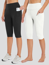 Two-pack women's high-waisted capris, black and white, with functional deep pockets for phones. #color_Black/White