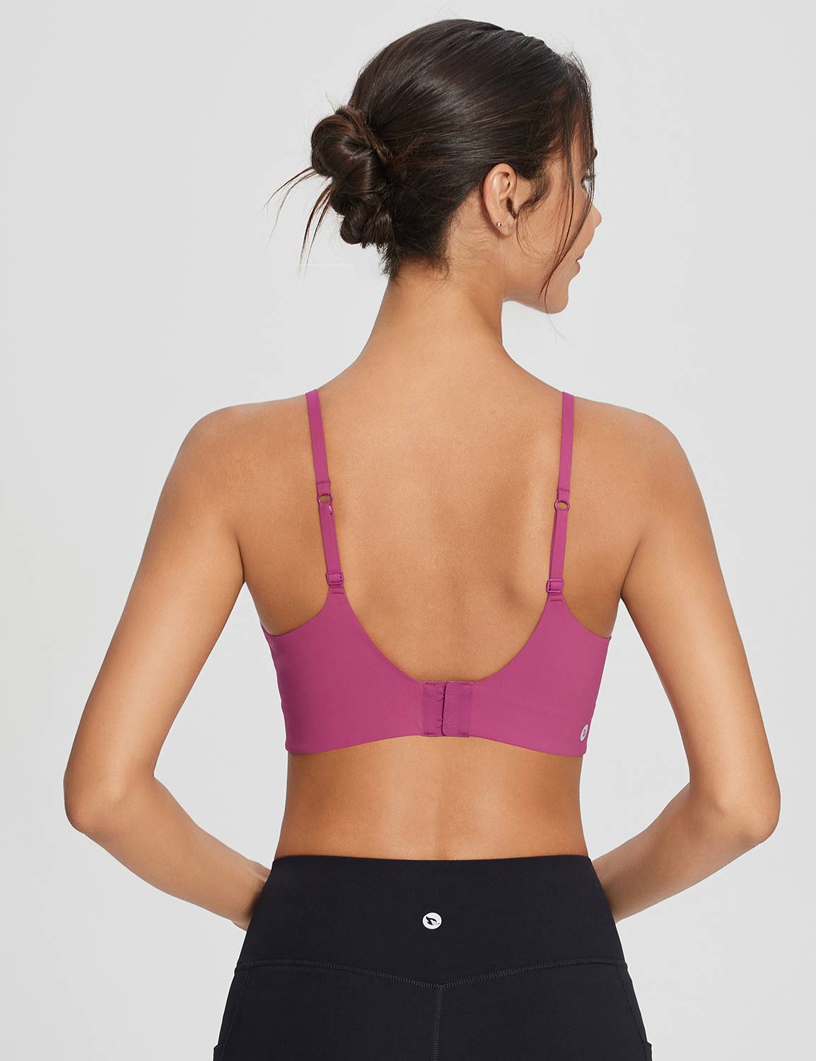 Pink Y-back low strength sports bra with adjustable straps, back view. Ideal for yoga & gym. #color_Hot Pink