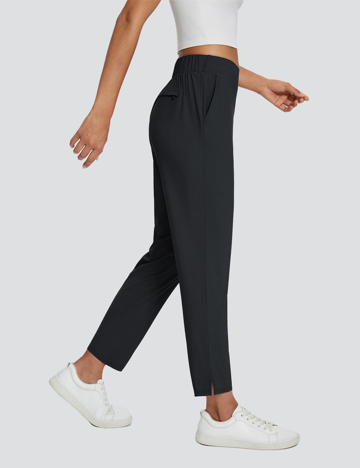 Adventure-Ready black high-rise 4-pocket active pants with slit hem & UPF 50+ #color_Black