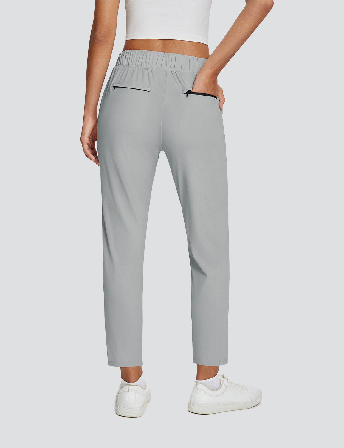 Light grey Baleaf women's active pants with elastic waist and black zippered pockets. #color_Light Grey
