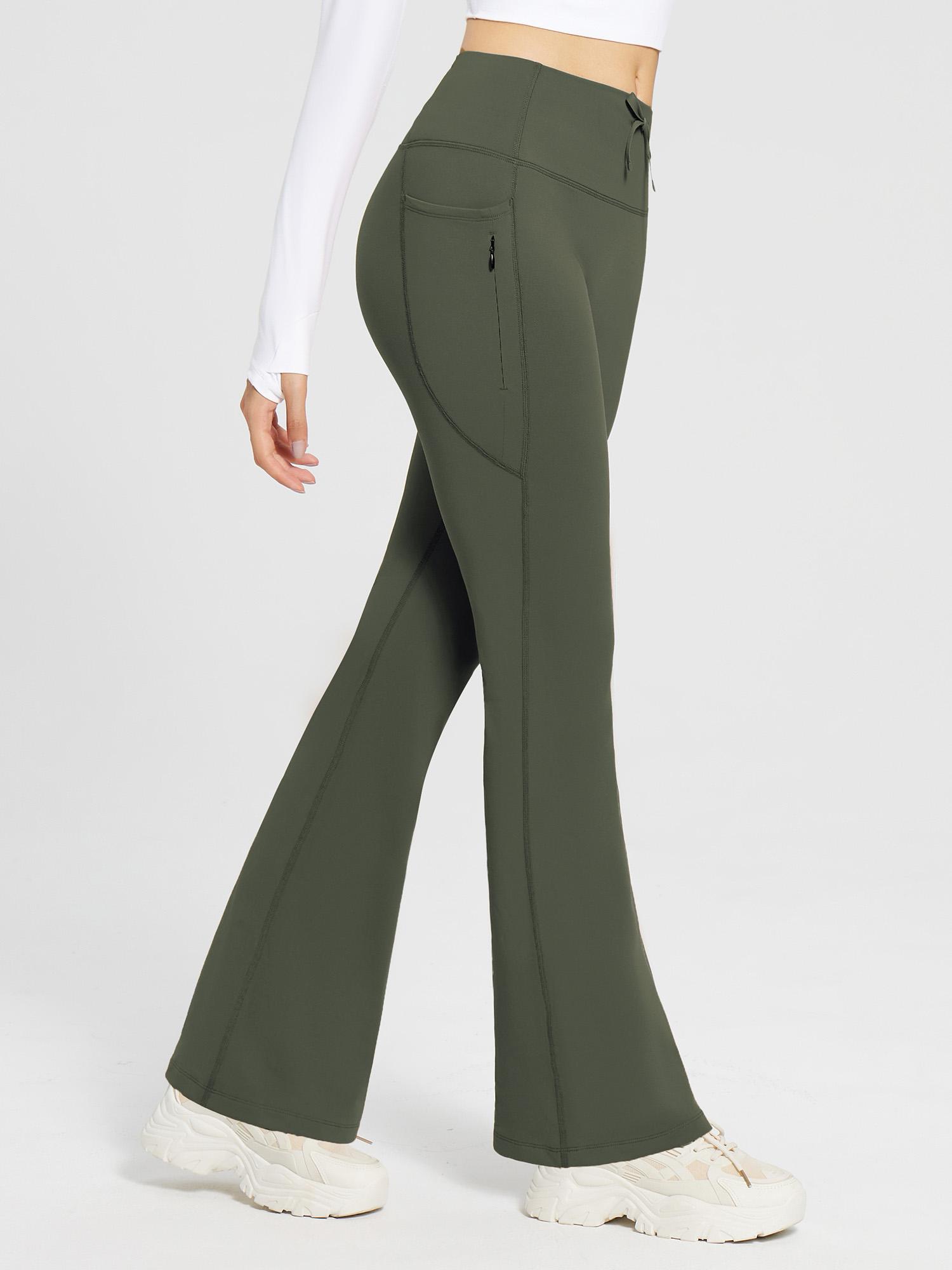 Fleece-lined high-waist drawstring flare pants in olive green. #color_Army Green