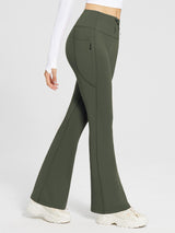 Fleece-lined high-waist drawstring flare pants in olive green. #color_Army Green