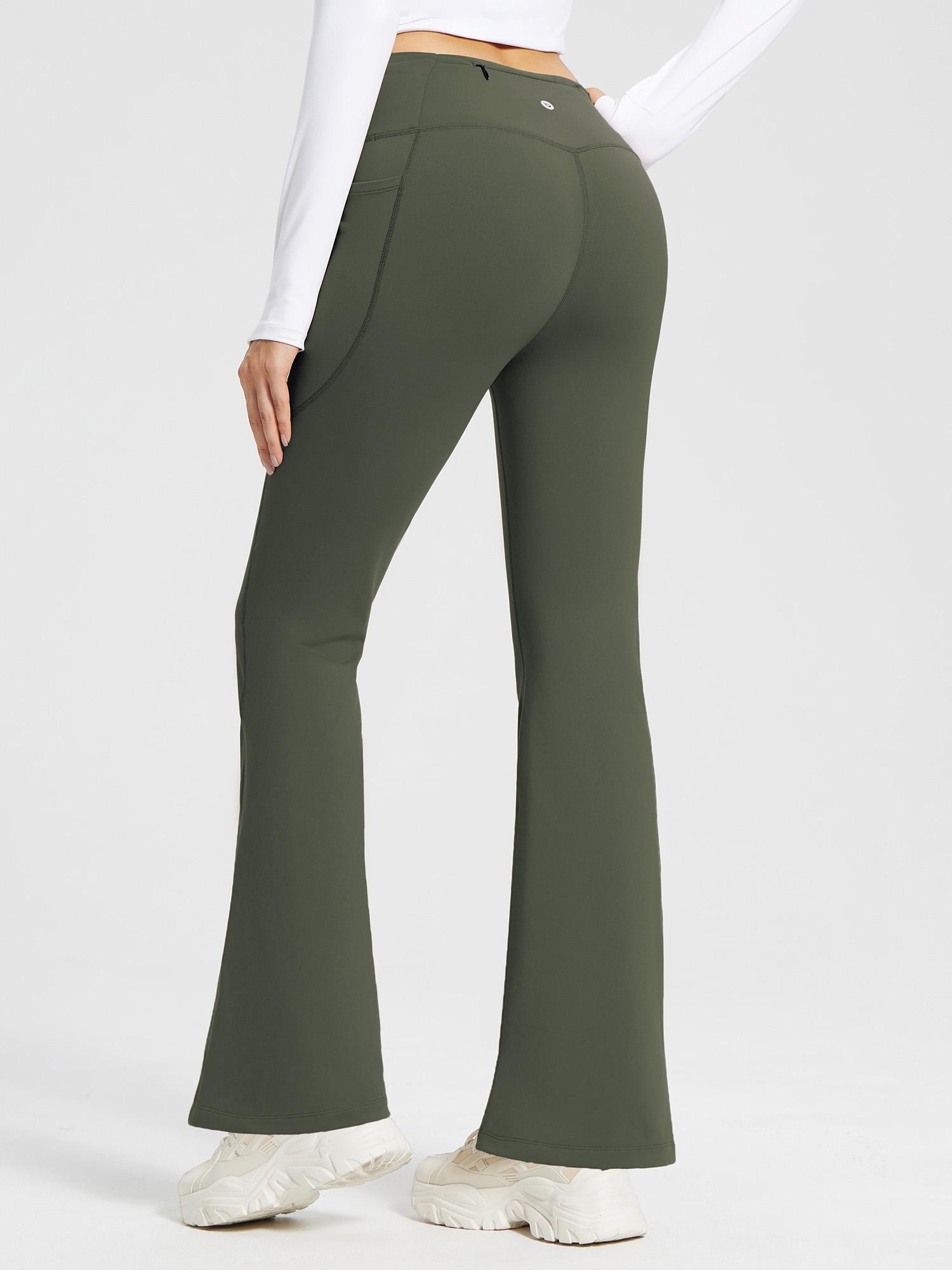 High-waist olive green fleece-lined flare pants with pockets & V-back seams. #color_Army Green