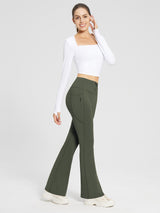 High-waist olive green fleece-lined flare pants with drawstring and side pockets.