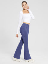 Warm blue high-waist fleece-lined drawstring flare pants with pockets. #color_Navy Blue
