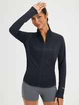 Women's black full zip sun protection jacket with thumb holes and reflective cuff detail. #color_Black