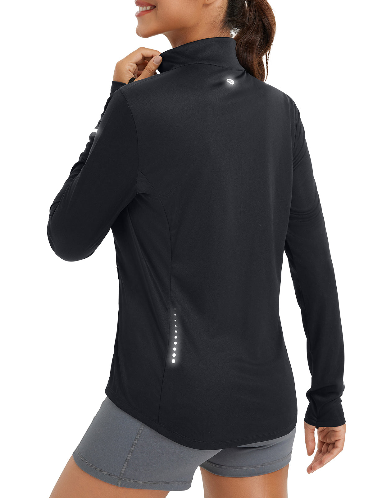 Black women's sun protection full zip jacket with reflective details and thumbholes.