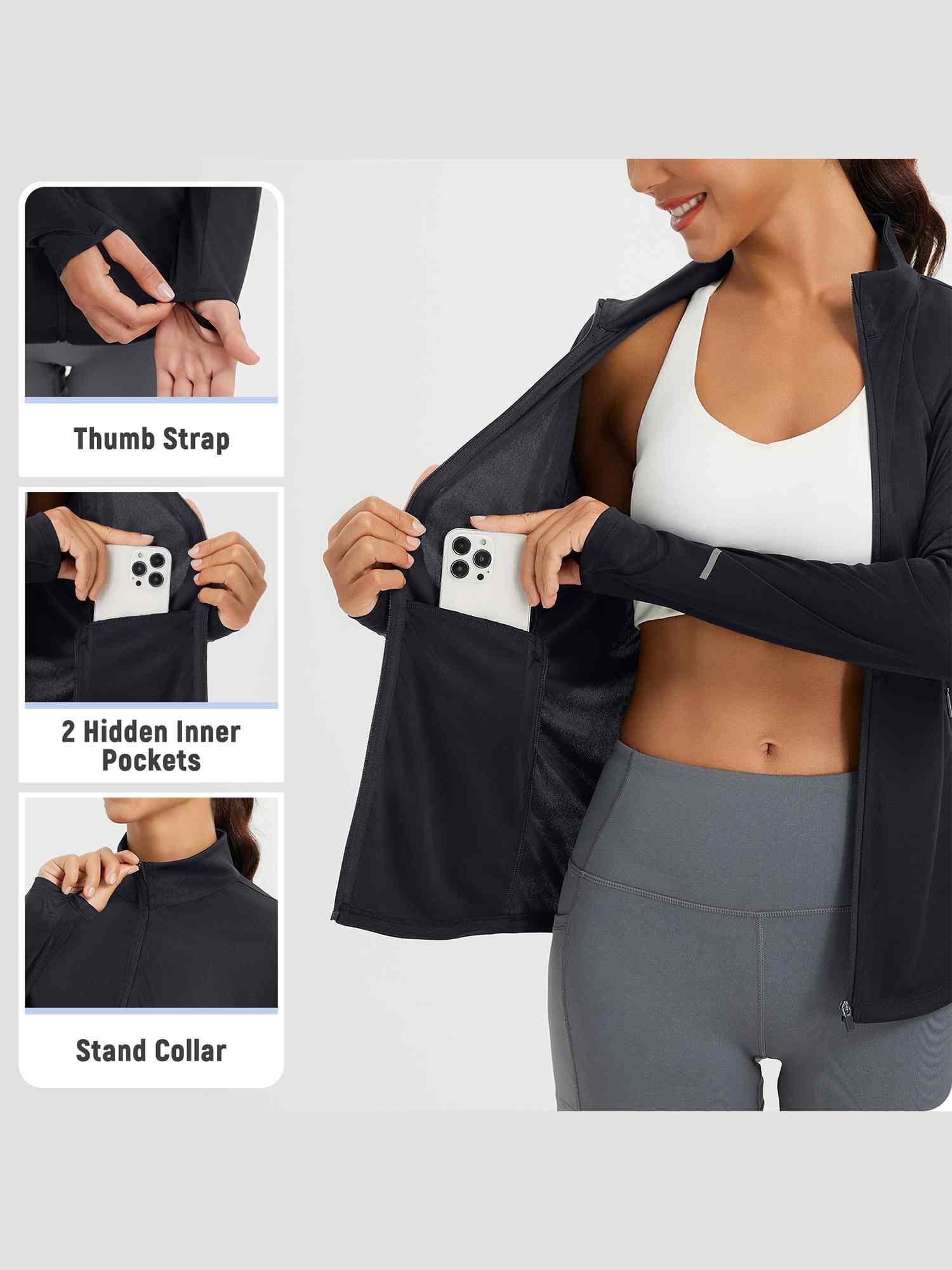 Women's black UV protection full zip jacket with thumbholes & inner pockets. #color_Black