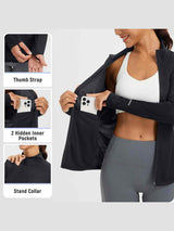 Women's black UV protection full zip jacket with thumbholes & inner pockets. #color_Black