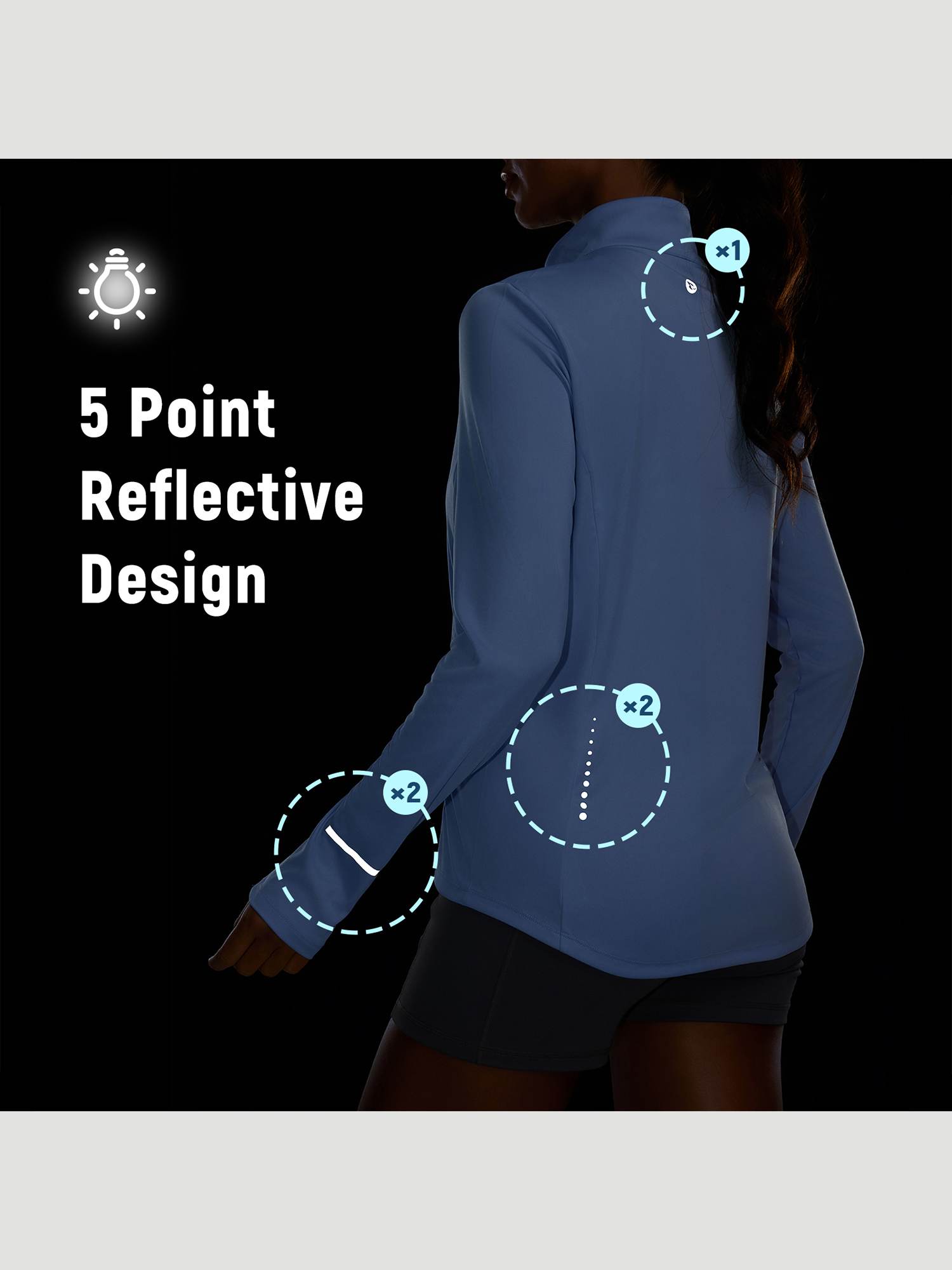 Women's blue sun protection jacket showcasing 5-point reflective design on back and cuffs for visibility. #color_Light Blue