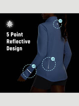 Women's blue sun protection jacket showcasing 5-point reflective design on back and cuffs for visibility. #color_Light Blue