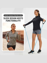 Women's full zip sun protection jacket in grey and black, showcasing sleek design for running & exercise. #color_Black