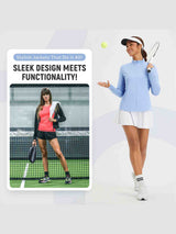 Women's blue full zip sun jacket, UPF 50+ protection, activewear for sports. #color_Light Blue