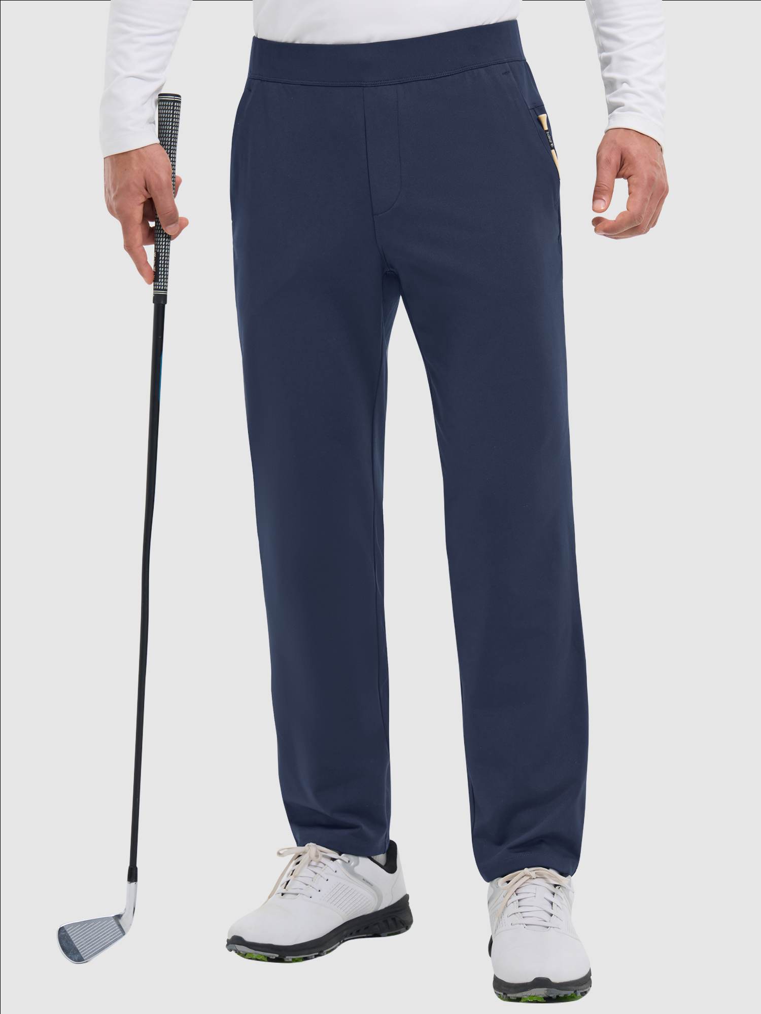 Men's navy blue fleece-lined straight-leg golf pants with elastic waist. #color_Navy Blue