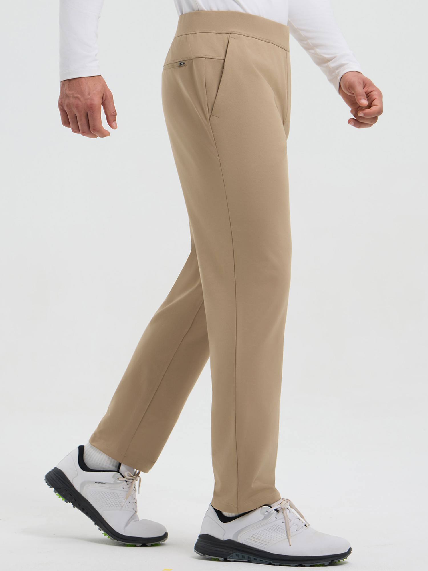 Men's beige fleece straight-leg golf pants with elastic waist and zippered pocket. #color_Brown