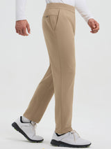 Men's beige fleece straight-leg golf pants with elastic waist and zippered pocket. #color_Brown