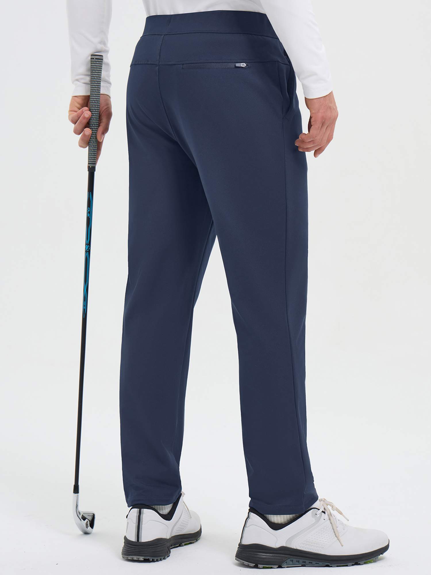 Navy blue men's elastic-waist fleece golf pants with straight legs and zipper pocket. #color_Navy Blue