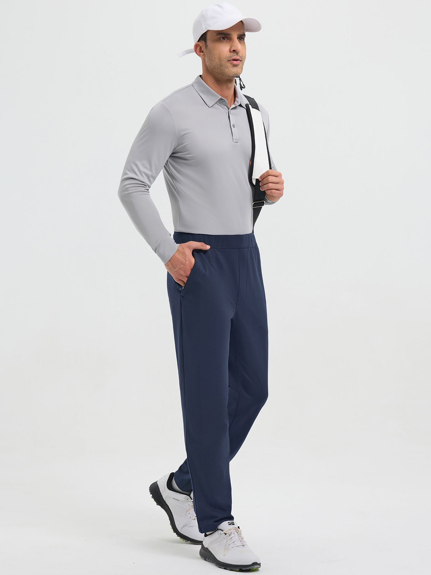 Men's warm fleece golf pants in navy blue: elastic waist, straight leg, water-resistant. #color_Navy Blue