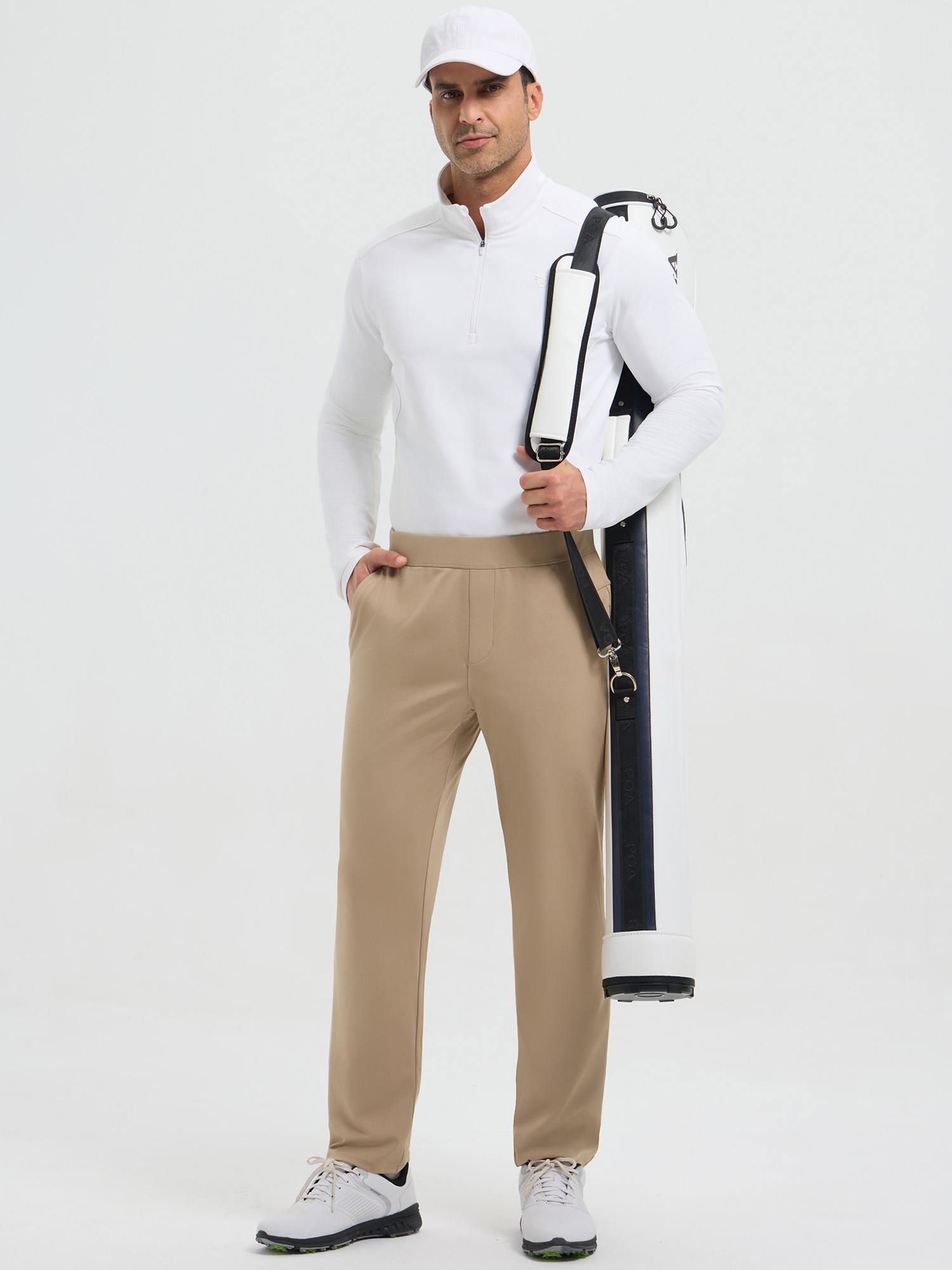 Men's tan straight-leg golf pants with elastic waist, fleece lined #color_Brown