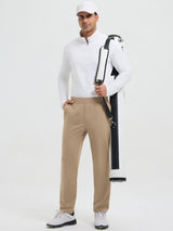 Men's tan straight-leg golf pants with elastic waist, fleece lined #color_Brown