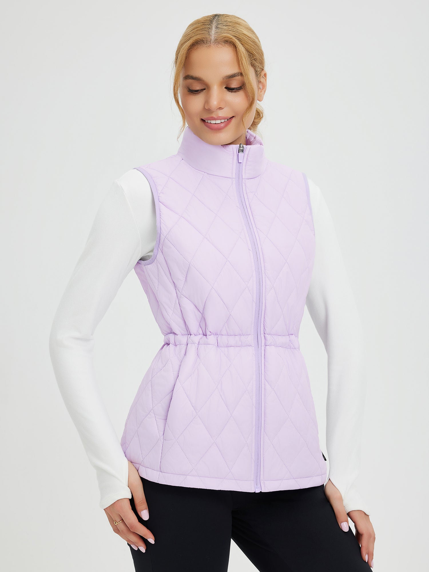 Light purple quilted golf vest with adjustable drawstring waist #color_Light Purple