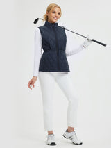 Navy quilted cotton golf vest with drawstring waist. #color_Navy Blue