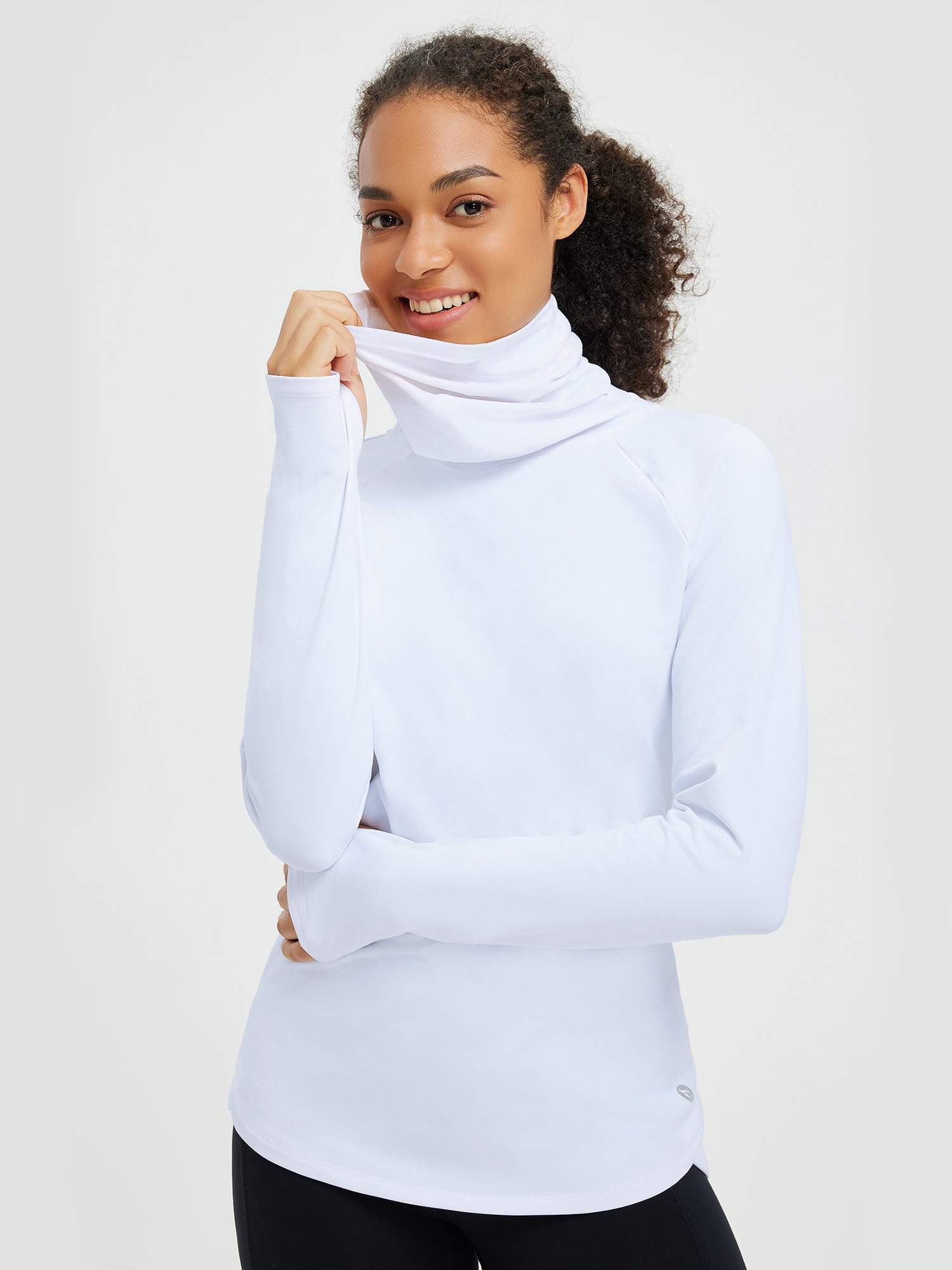 White ski fleece base layer with convertible face mask collar and thumbholes. #color_White