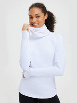 White ski fleece base layer with convertible face mask collar and thumbholes. #color_White