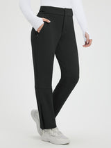 Black knit heavyweight fleece straight ski pants, zip pockets #color_Black