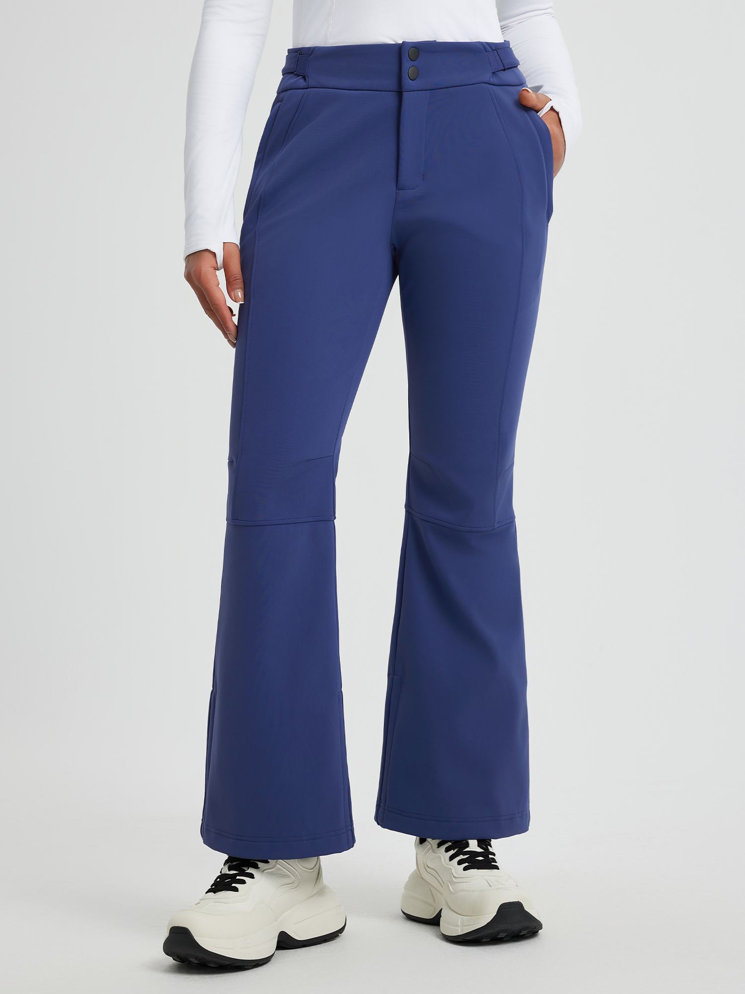 Women's blue ski softshell slightly flared pants with high waist #color_Navy Blue