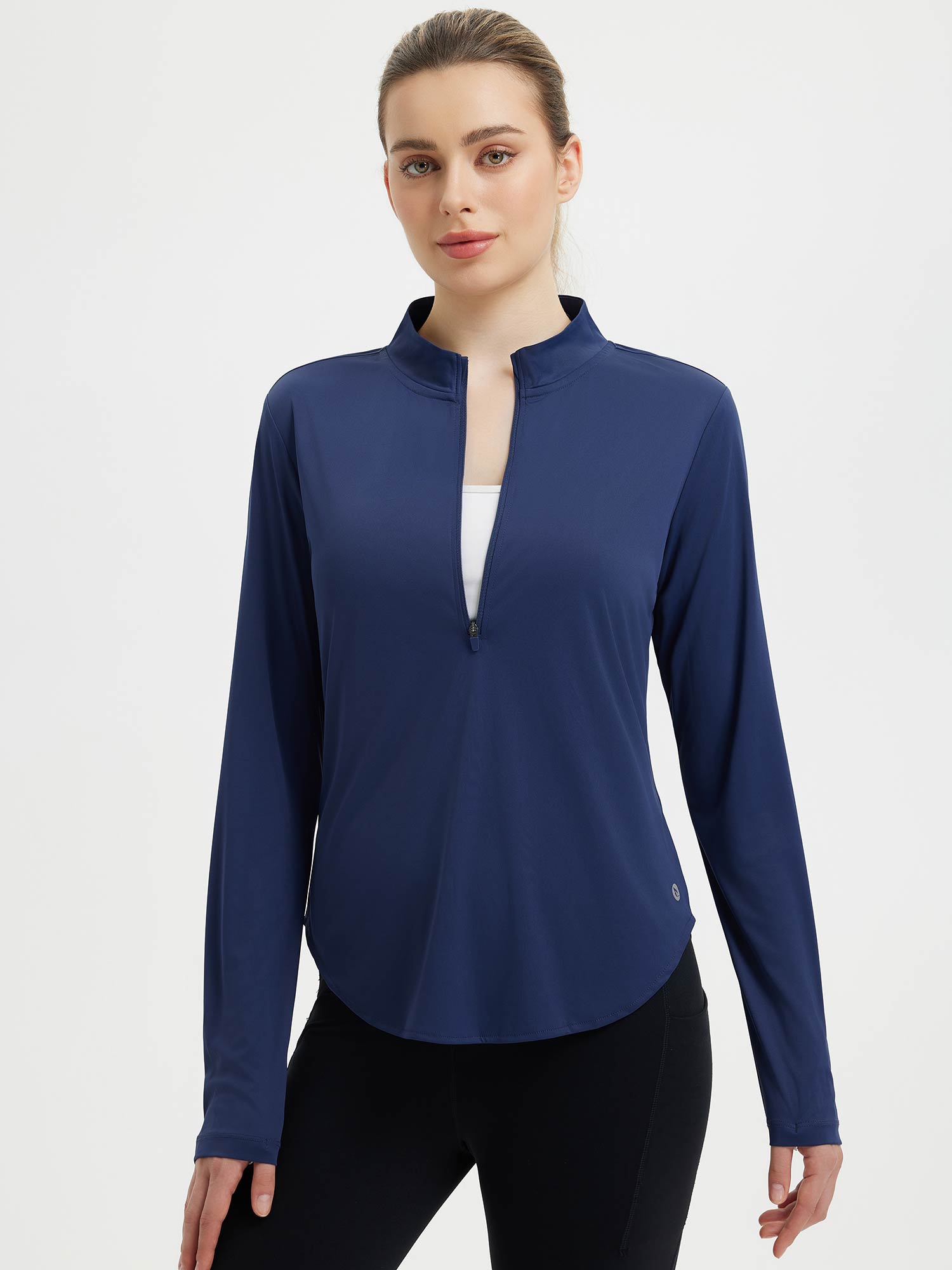 UPF 50+ navy blue activewear long sleeve zip top for women, Adventure-Ready Set. #color_Estate Blue