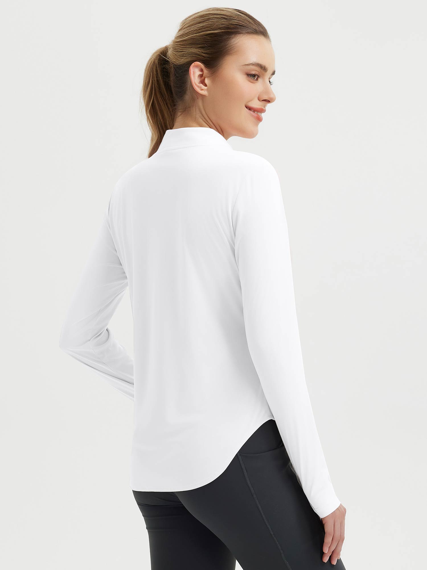 White UPF 50+ rounded hem tee & black hiking pants for moving freely. #color_White