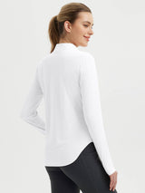 White UPF 50+ rounded hem tee & black hiking pants for moving freely. #color_White