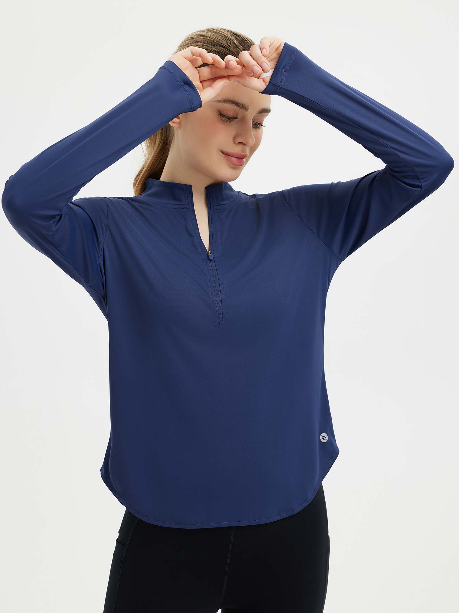 Women's navy blue UPF 50+ quarter-zip active tee with thumbholes from Adventure-Ready Set. #color_Estate Blue